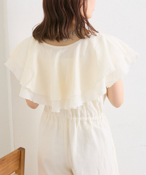 w closet（ダブルクローゼット）の「【２サイズ展開】フリル衿付きオールインワン（サロペット/オーバーオール・レディース・ブラック/グリーン/アイボリー・0/1）」の22枚目の写真