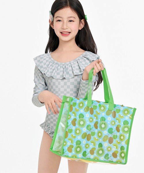 キッズ 海水浴やプールに！パイピング×総柄クリアビニールバッグ [A4