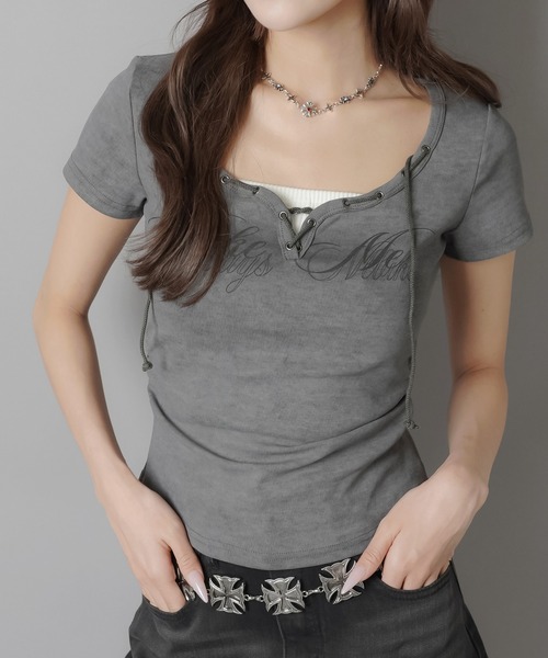SPINNS(スピンズ)の「半袖カットソー/レースアップネック(Tシャツ/カットソー・レディース・アイボリー/ベージュ/チャコール・ONESIZE)」の10枚目の写真