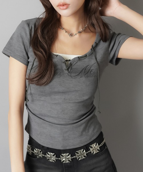 SPINNS(スピンズ)の「半袖カットソー/レースアップネック(Tシャツ/カットソー・レディース・アイボリー/ベージュ/チャコール・ONESIZE)」の11枚目の写真