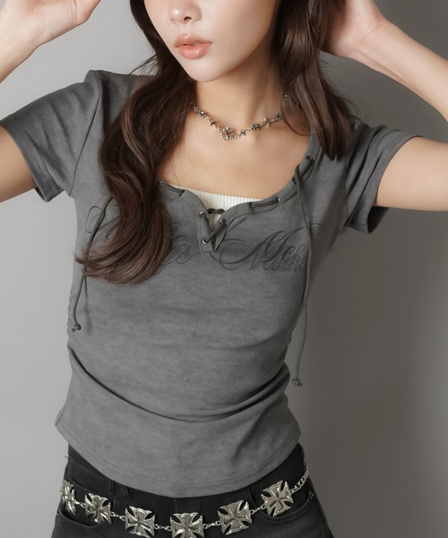 SPINNS(スピンズ)の「半袖カットソー/レースアップネック(Tシャツ/カットソー・レディース・アイボリー/ベージュ/チャコール・ONESIZE)」の13枚目の写真