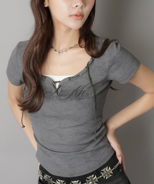 SPINNS(スピンズ)の「半袖カットソー/レースアップネック(Tシャツ/カットソー・レディース・アイボリー/ベージュ/チャコール・ONESIZE)」の14枚目の写真