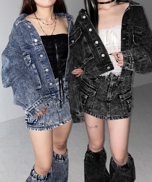 me+em select(ミームセレクト)の「【 セットアップ着用可能 】ヴィンテージケミカルブリーチアウトポケットクロップドデニムジャケット/ vintage chemical bleach outpocket cropped denim jacket(デニムジャケット・レディース・ブラック/ブルー・1/2)」の9枚目の写真