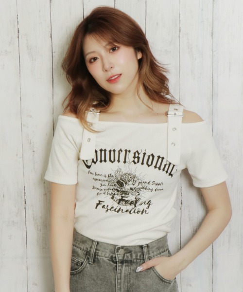 GORGE(ゴージ)の「《肩ベルト×ロゴプリント》レディース テレコ半袖トップス オフショル風 春夏秋(Tシャツ/カットソー・レディース・ブラック/オフホワイト/ブルー・F)」の2枚目の写真