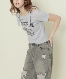 GORGE | 《肩ベルト×ロゴプリント》レディース テレコ半袖トップス オフショル風 春夏秋(Tシャツ/カットソー)
