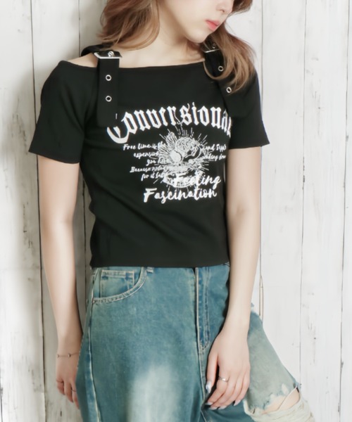 GORGE(ゴージ)の「《肩ベルト×ロゴプリント》レディース テレコ半袖トップス オフショル風 春夏秋(Tシャツ/カットソー・レディース・ブラック/オフホワイト/ブルー・F)」の3枚目の写真