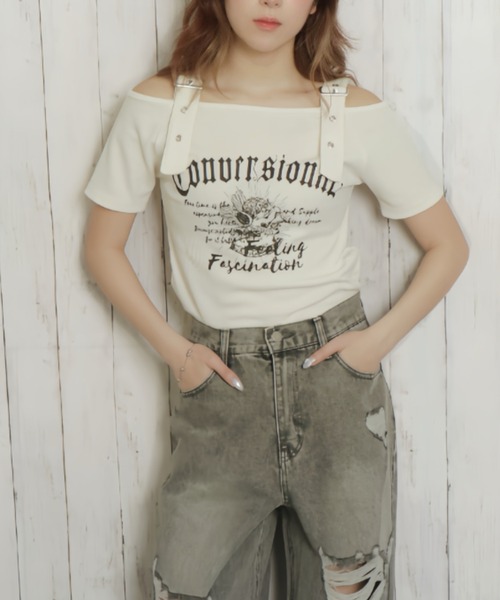 GORGE(ゴージ)の「《肩ベルト×ロゴプリント》レディース テレコ半袖トップス オフショル風 春夏秋(Tシャツ/カットソー・レディース・ブラック/オフホワイト/ブルー・F)」の5枚目の写真