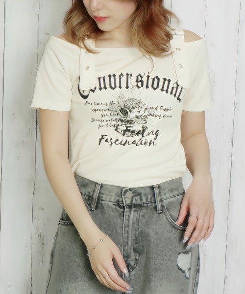 GORGE(ゴージ)の「《肩ベルト×ロゴプリント》レディース テレコ半袖トップス オフショル風 春夏秋(Tシャツ/カットソー・レディース・ブラック/オフホワイト/ブルー・F)」の6枚目の写真