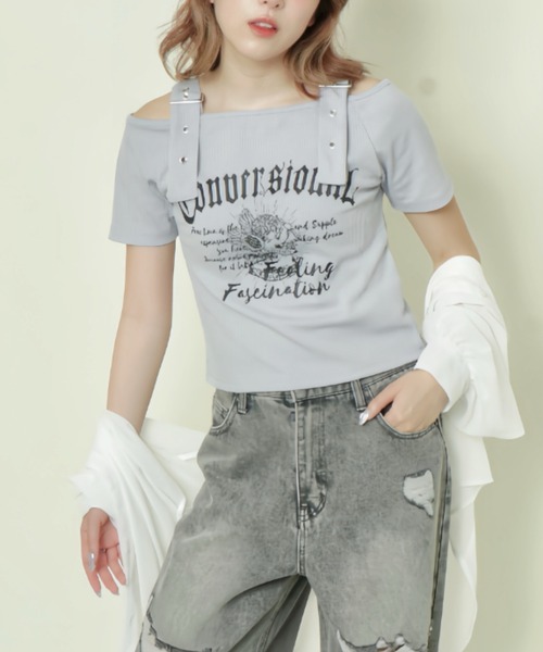 GORGE(ゴージ)の「《肩ベルト×ロゴプリント》レディース テレコ半袖トップス オフショル風 春夏秋(Tシャツ/カットソー・レディース・ブラック/オフホワイト/ブルー・F)」の7枚目の写真