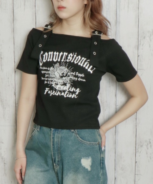 GORGE(ゴージ)の「《肩ベルト×ロゴプリント》レディース テレコ半袖トップス オフショル風 春夏秋(Tシャツ/カットソー・レディース・ブラック/オフホワイト/ブルー・F)」の8枚目の写真