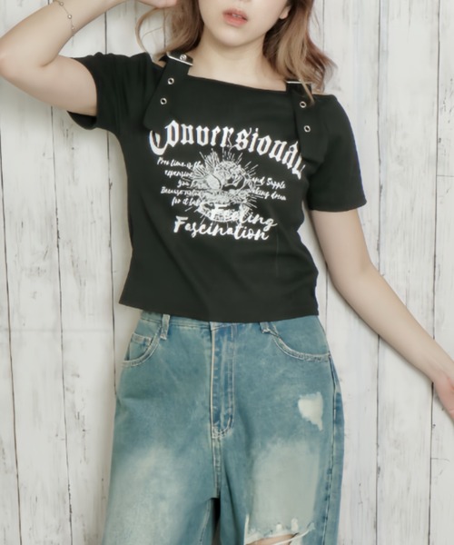 GORGE(ゴージ)の「《肩ベルト×ロゴプリント》レディース テレコ半袖トップス オフショル風 春夏秋(Tシャツ/カットソー・レディース・ブラック/オフホワイト/ブルー・F)」の9枚目の写真