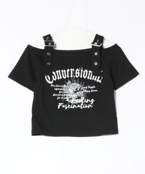 GORGE(ゴージ)の「《肩ベルト×ロゴプリント》レディース テレコ半袖トップス オフショル風 春夏秋(Tシャツ/カットソー・レディース・ブラック/オフホワイト/ブルー・F)」の12枚目の写真