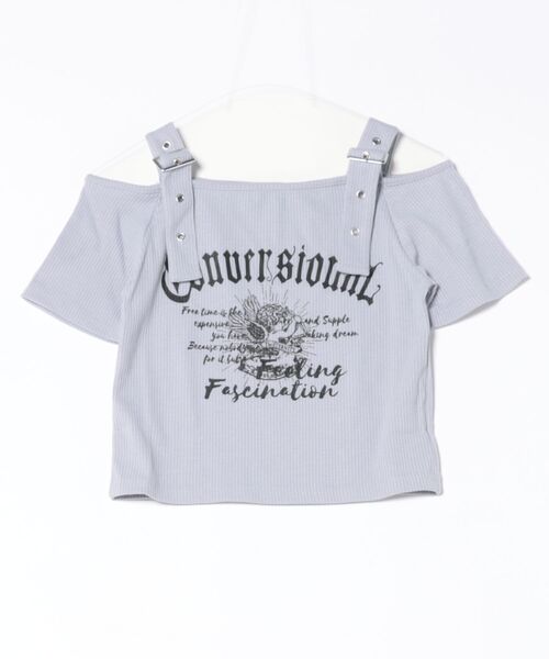 GORGE(ゴージ)の「《肩ベルト×ロゴプリント》レディース テレコ半袖トップス オフショル風 春夏秋(Tシャツ/カットソー・レディース・ブラック/オフホワイト/ブルー・F)」の13枚目の写真