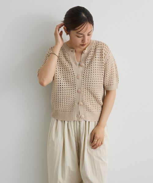 CRAFT STANDARD BOUTIQUE（クラフトスタンダードブティック）の「ハーフスリーブメッシュニットカーディガン（カーディガン/ボレロ・レディース・ブラック/ライトグリーン/ライトベージュ・FREE）」の7枚目の写真