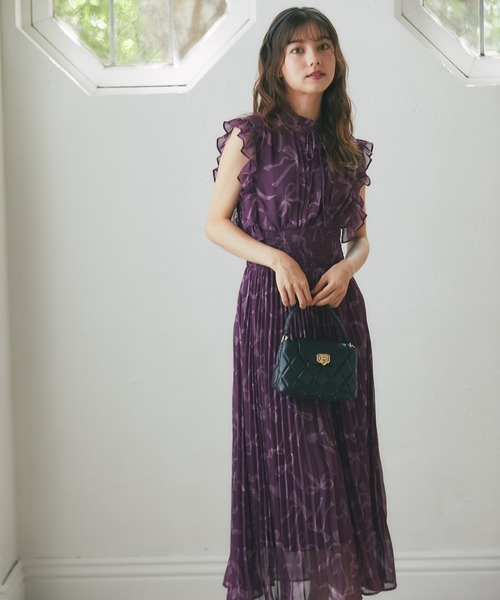 リボン＆フリル付きウエストシャーリングリボンプリントプリーツ