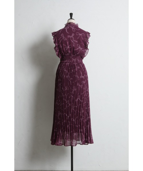 toccoリボン＆フリル付きウエストシャーリングリボンプリントプリーツワンピース リボン付きウエストシャーリングフラワープリントプリーツワンピース