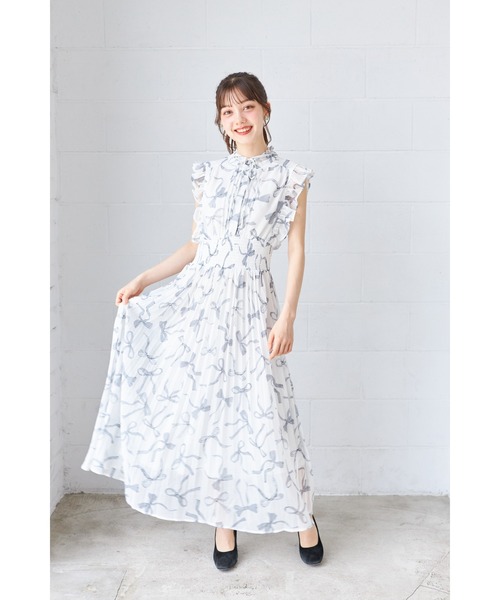 リボン＆フリル付きウエストシャーリングリボンプリントプリーツ