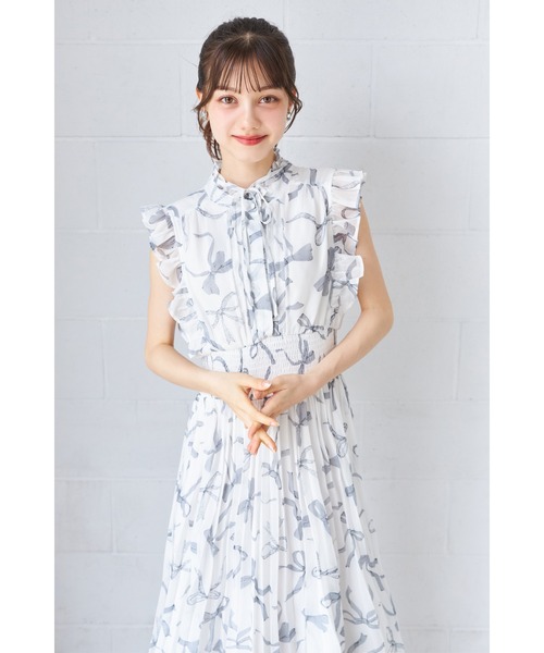 tocco closet（トッコ　クローゼット）の「リボン＆フリル付きウエストシャーリングリボンプリントプリーツワンピース（ワンピース・レディース・ブラウン/ブラック/オフホワイト/ピンク/ワイン・M）」の9枚目の写真