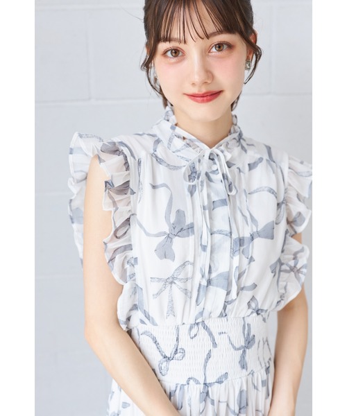 tocco closet（トッコ　クローゼット）の「リボン＆フリル付きウエストシャーリングリボンプリントプリーツワンピース（ワンピース・レディース・ブラウン/ブラック/オフホワイト/ピンク/ワイン・M）」の10枚目の写真