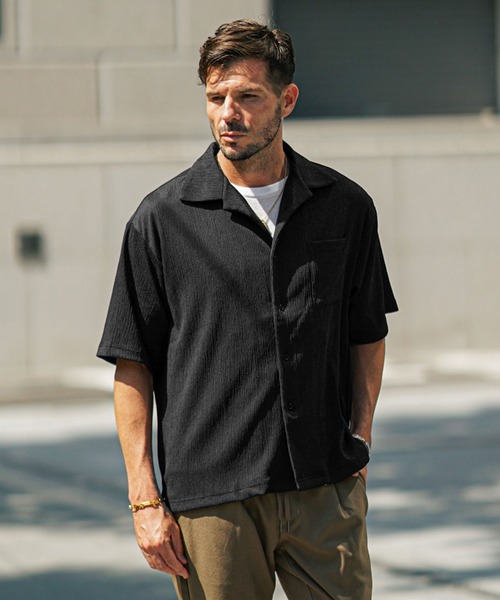 楊柳オープンカラー半袖シャツ メンズ 開襟 カジュアル ネイビー