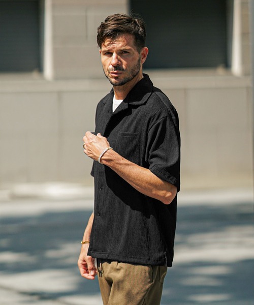 楊柳オープンカラー半袖シャツ メンズ 開襟 カジュアル ネイビー