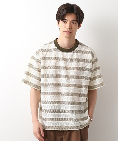 THE SHOP TK (ザ ショップ ティーケー )の「変形ボーダー半袖Tシャツ【洗濯機OK】(Tシャツ/カットソー・メンズ・カーキ系2/ネイビー系2/モスグリーン系2・02/03/04)」の1枚目の写真