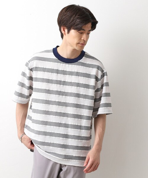 THE SHOP TK (ザ ショップ ティーケー )の「変形ボーダー半袖Tシャツ【洗濯機OK】(Tシャツ/カットソー・メンズ・カーキ系2/ネイビー系2/モスグリーン系2・02/03/04)」の2枚目の写真