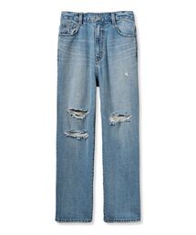 ダメージ加工ルーズストレートデニムパンツ