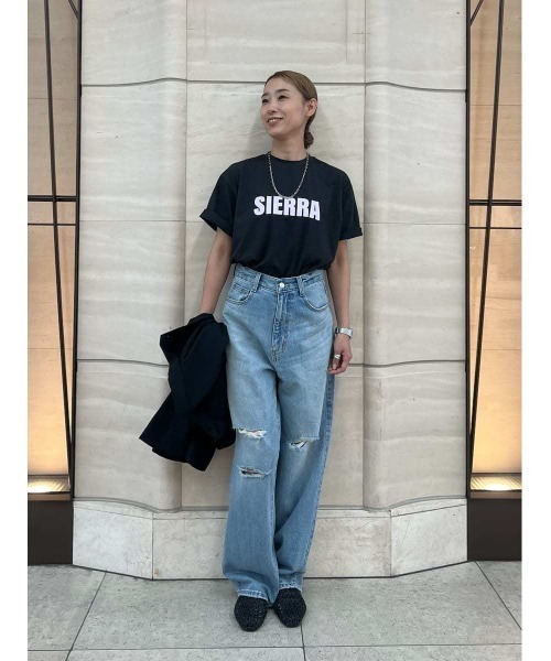 ダメージ加工 ストレートデニム ライトブルー ライトブルー