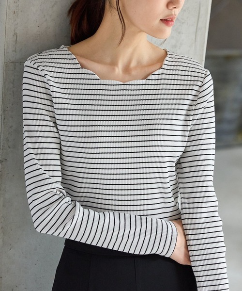 Honeys（ハニーズ）の「スカラップトップス（Tシャツ/カットソー・レディース・ブラウン/ホワイト×ブラック/アイボリー/ピンク/ブラック/レッド・L/3L/S/M/LL）」の3枚目の写真