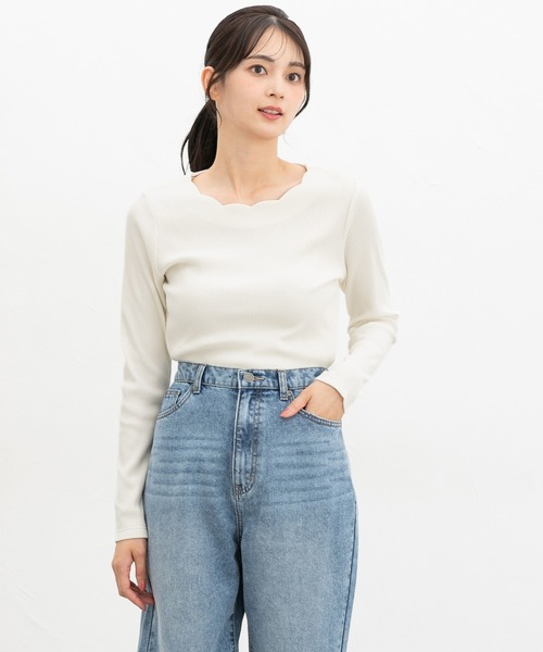 Honeys（ハニーズ）の「スカラップトップス（Tシャツ/カットソー・レディース・ブラウン/ホワイト×ブラック/アイボリー/ピンク/ブラック/レッド・L/3L/S/M/LL）」の9枚目の写真