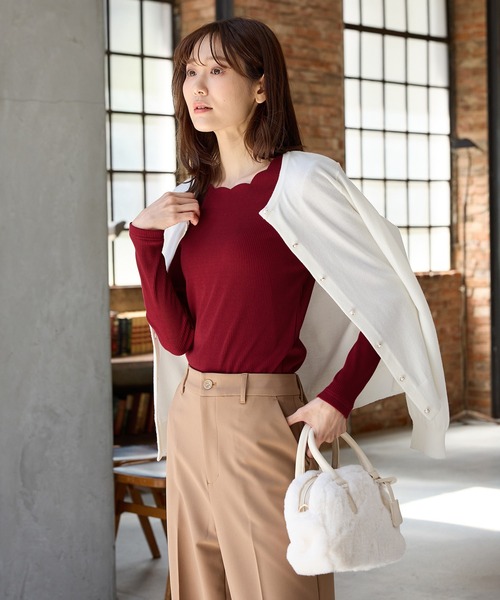 Honeys（ハニーズ）の「スカラップトップス（Tシャツ/カットソー・レディース・ブラウン/ホワイト×ブラック/アイボリー/ピンク/ブラック/レッド・L/3L/S/M/LL）」の14枚目の写真