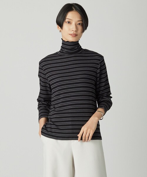 J.PRESS(ジェイプレス)の「カシミヤシルク シアーリブ ボーダー タートル カットソー(Tシャツ/カットソー・レディース・アイボリー系1/ブラック系1・T13/T15)」の2枚目の写真