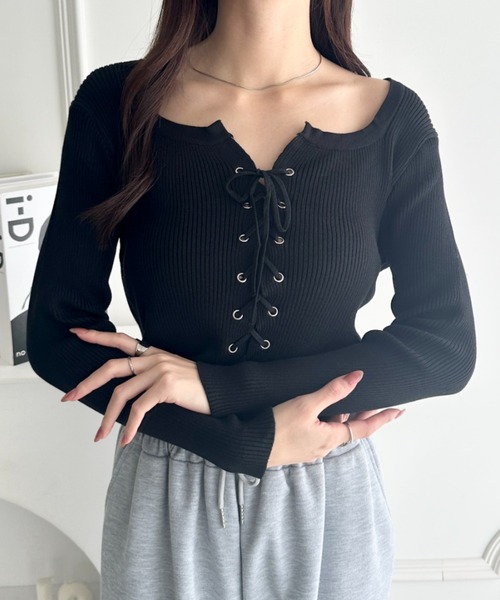 セール】ダブルフロントレースアップニットトップス（Tシャツ