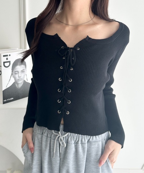 wears（ウェアーズ）の「ダブルフロントレースアップニットトップス（Tシャツ/カットソー・レディース・ホワイト/ブラック/アイボリー/グレー・FREE）」の15枚目の写真