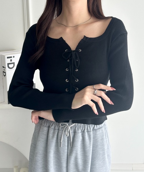 セール】ダブルフロントレースアップニットトップス（Tシャツ