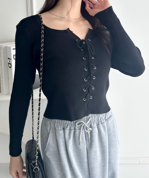 wears（ウェアーズ）の「ダブルフロントレースアップニットトップス（Tシャツ/カットソー・レディース・ホワイト/ブラック/アイボリー/グレー・FREE）」の18枚目の写真