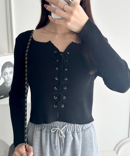 wears（ウェアーズ）の「ダブルフロントレースアップニットトップス（Tシャツ/カットソー・レディース・ホワイト/ブラック/アイボリー/グレー・FREE）」の20枚目の写真