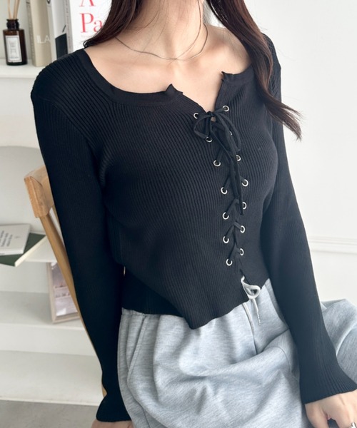 wears（ウェアーズ）の「ダブルフロントレースアップニットトップス（Tシャツ/カットソー・レディース・ホワイト/ブラック/アイボリー/グレー・FREE）」の21枚目の写真