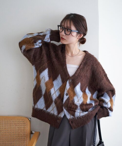 タグ付【アドニシス】セゾン ニットカーディガン　アーガイルチェック　パール タグ付【アドニシス】セゾン ニットカーディガン アーガイルチェック