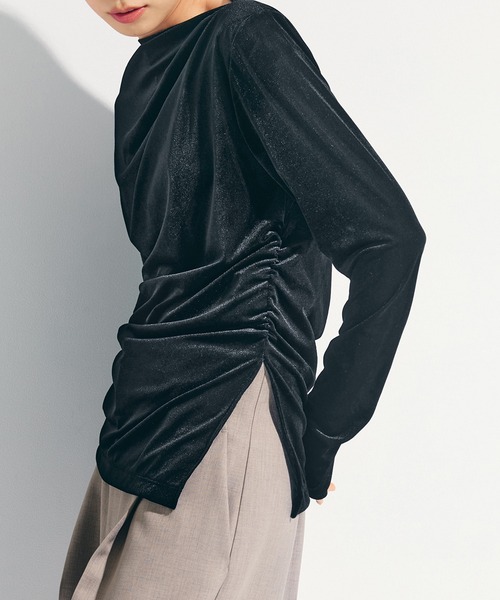 STUDIOUS(ステュディオス)の「【STUDIOUS/ステュディオス】Velours Long Tee/ベロアロングティー/カットソー/トップス/シアーベロア(Tシャツ/カットソー・レディース・ブラック/ネイビー/ミント/グレー系その他・FREE)」の2枚目の写真