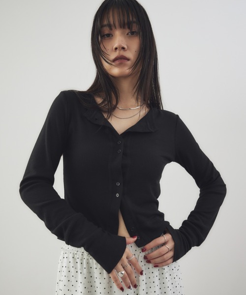 HANNE（アン）の「シアーリブカーディガン（カーディガン/ボレロ・レディース・ブラック/グレー/チャコールグレー/ベージュ/ネイビー/マスタード/ホワイト/ブラウン/ピンク・FREE）」の2枚目の写真