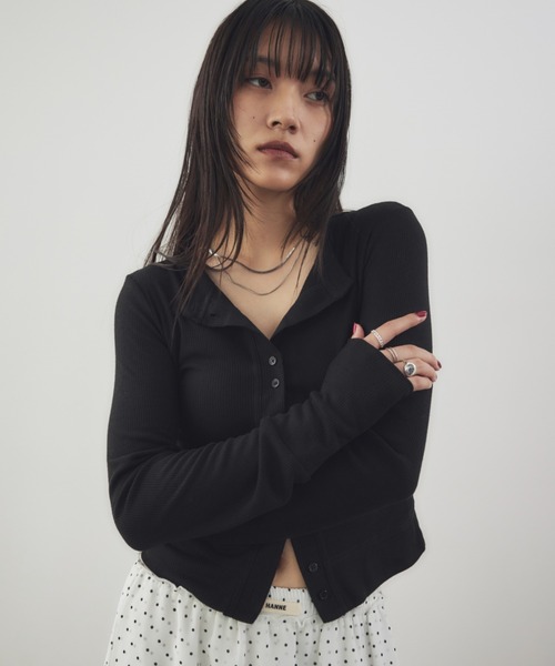 HANNE（アン）の「シアーリブカーディガン（カーディガン/ボレロ・レディース・ブラック/グレー/チャコールグレー/ベージュ/ネイビー/マスタード/ホワイト/ブラウン/ピンク・FREE）」の11枚目の写真