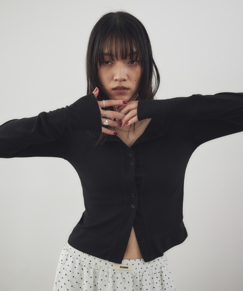 HANNE（アン）の「シアーリブカーディガン（カーディガン/ボレロ・レディース・ブラック/グレー/チャコールグレー/ベージュ/ネイビー/マスタード/ホワイト/ブラウン/ピンク・FREE）」の12枚目の写真