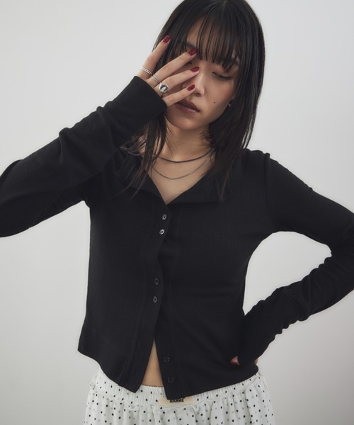 HANNE（アン）の「シアーリブカーディガン（カーディガン/ボレロ・レディース・ブラック/グレー/チャコールグレー/ベージュ/ネイビー/マスタード/ホワイト/ブラウン/ピンク・FREE）」の14枚目の写真