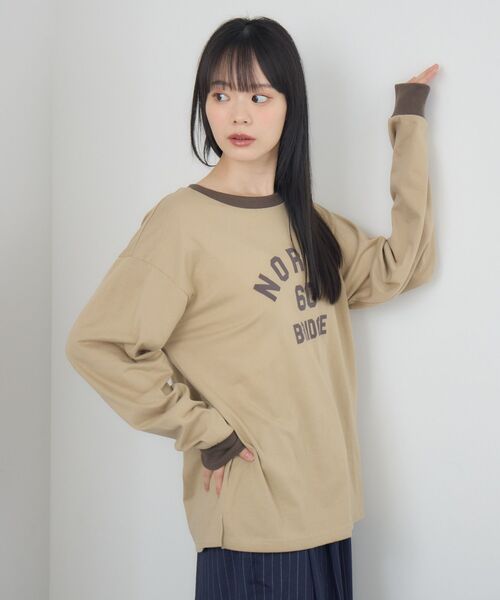 RETRO GIRL(レトロガール)の「リンガーロンTEE(Tシャツ/カットソー・レディース・ベージュ/ブルー/オフホワイト・FREE)」の5枚目の写真