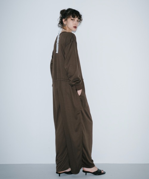 Vネックスウェットジャンプスーツ（つなぎ/オールインワン）｜HANNE