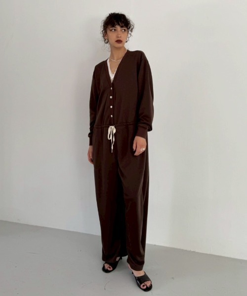 Vネックスウェットジャンプスーツ（つなぎ/オールインワン）｜HANNE