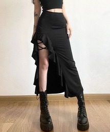 セール】Asymmetrical Draped Layered Long Skirt (FL-256_Black