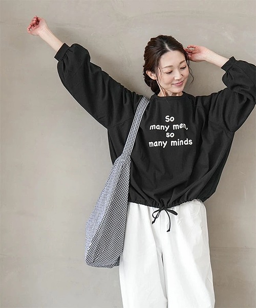 SOLAMONAT（ソラモナ）の「パフ天竺　裾ヒモ長袖プリント so many（Tシャツ/カットソー・レディース・ホワイト×ブラック/杢グレー/ホワイト×グレー/ブラック・FREE）」の3枚目の写真